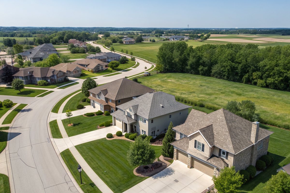 Aerial view of two-story shingle-roofed homes on curving suburban streets with lawns and farm fields beyond