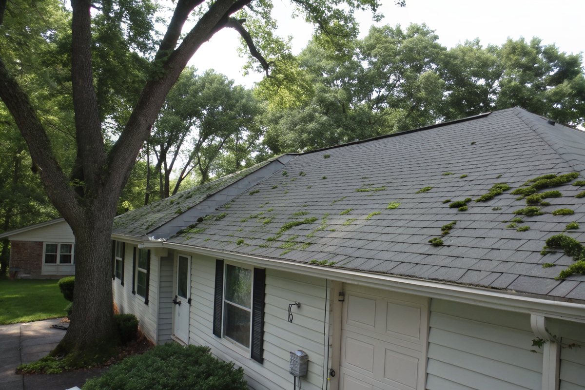 A gray shingle roof with dark algae and moss streaks under large shade trees