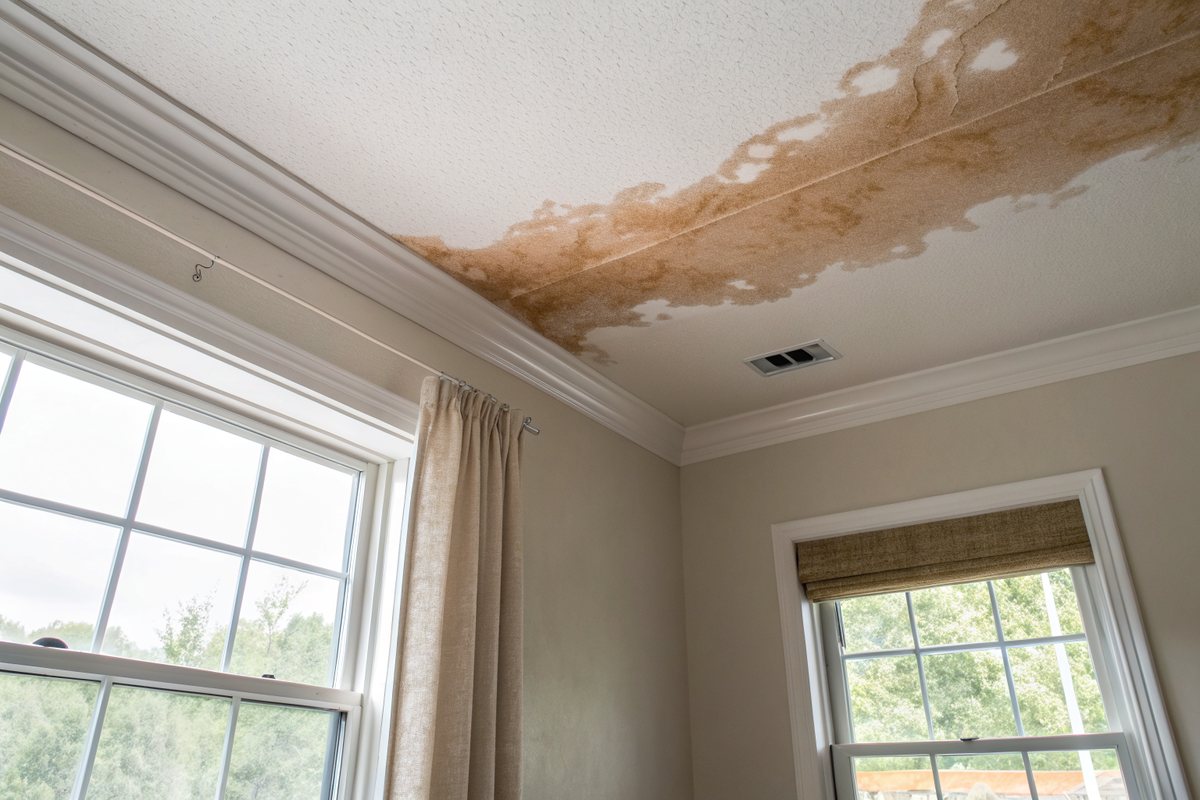 A brown water stain spreading across a white ceiling corner above a window