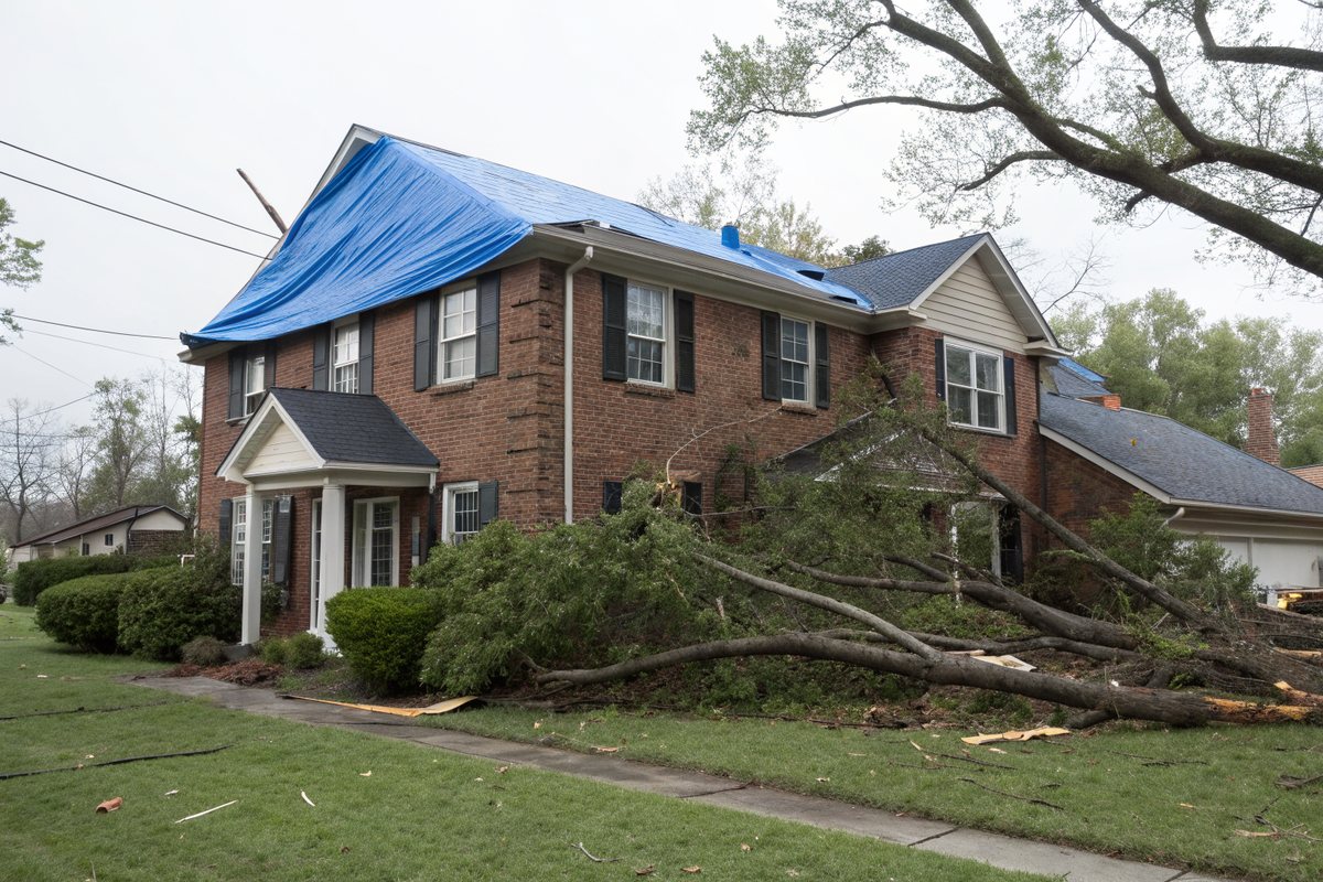 A two-story brick house with a blue tarp over part of its roof and broken branches on the lawn