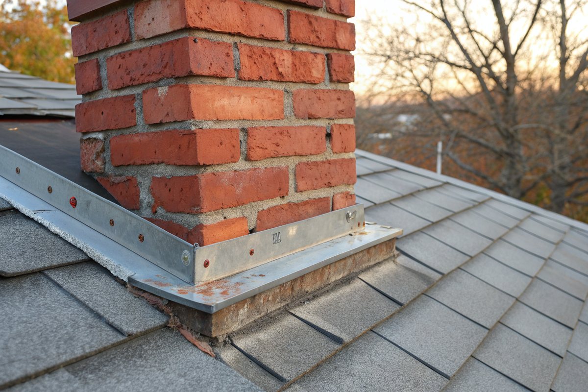 Metal step flashing where a red brick chimney meets a gray shingle roof