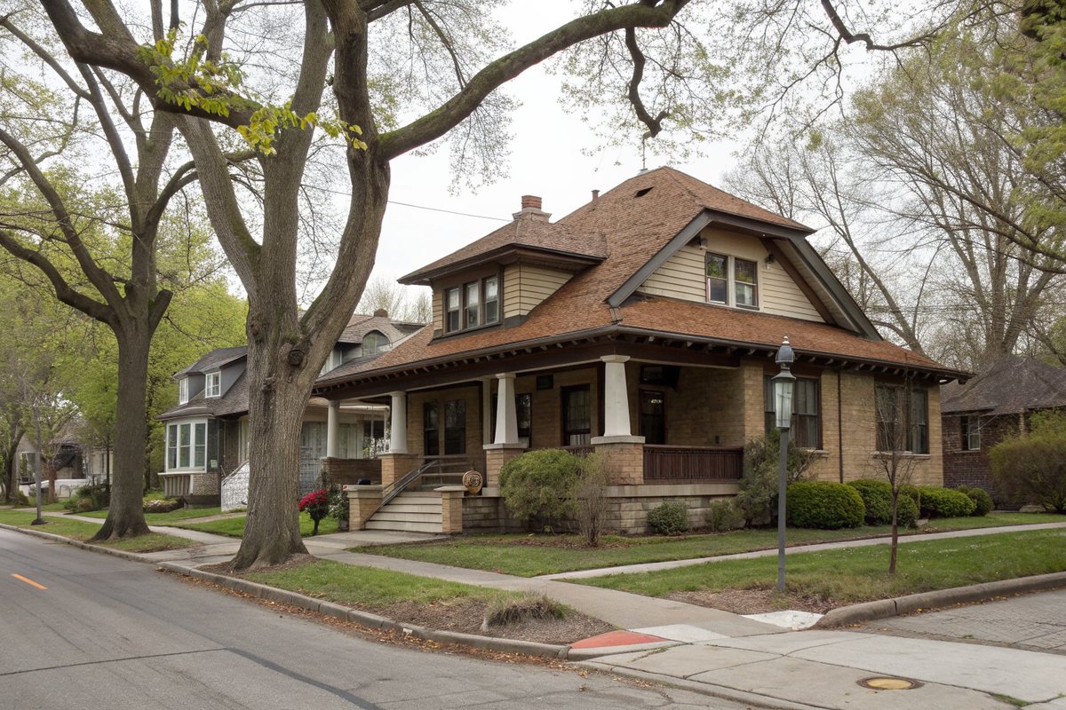 A Craftsman bungalow with a brown shingle roof and a wide front porch on an older tree-lined street