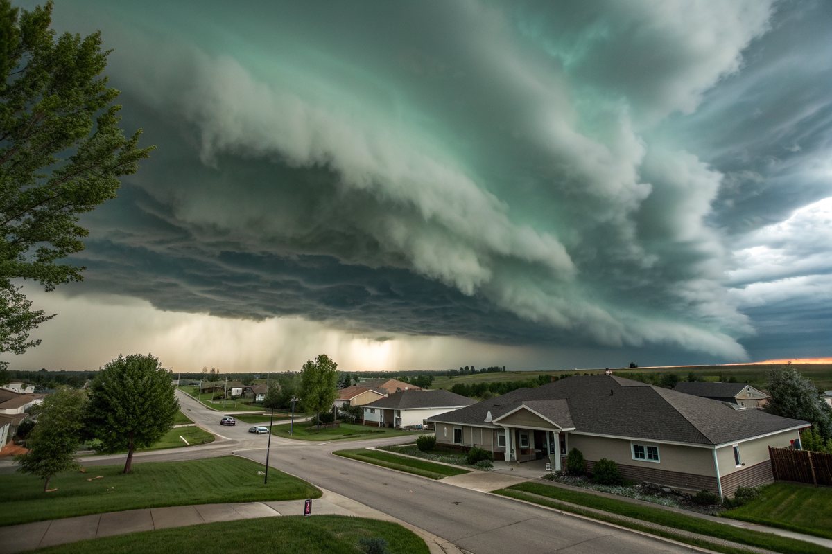 A dark green shelf cloud rolling over a flat suburban street of shingle-roofed homes