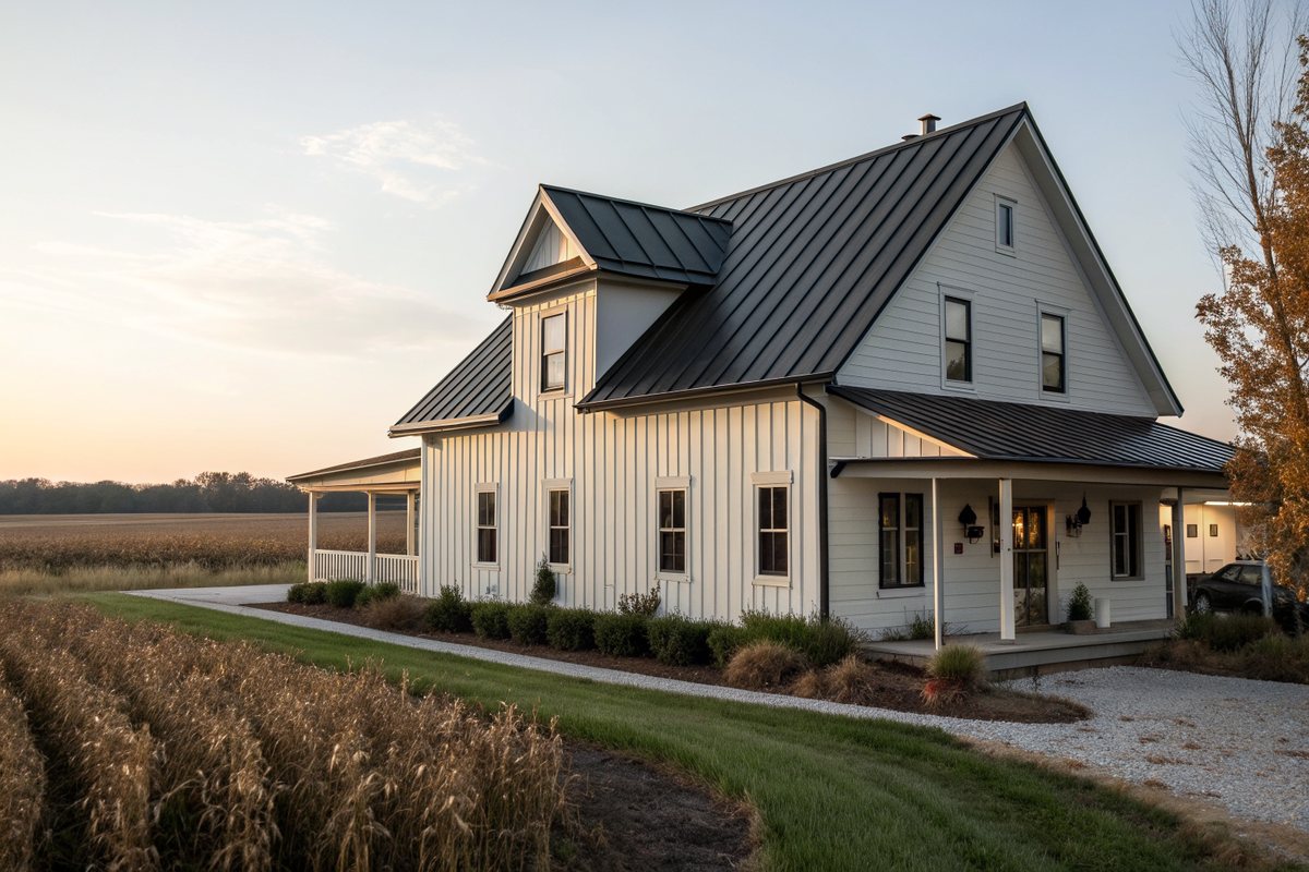 A white board-and-batten farmhouse with a dark standing-seam metal roof beside a cornfield