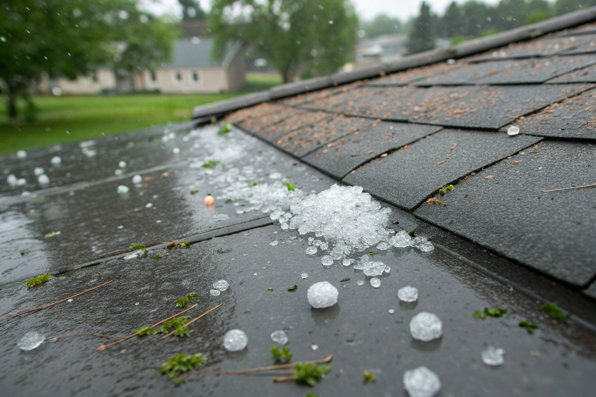 Hailstones scattered across wet dark gray shingles after a summer storm