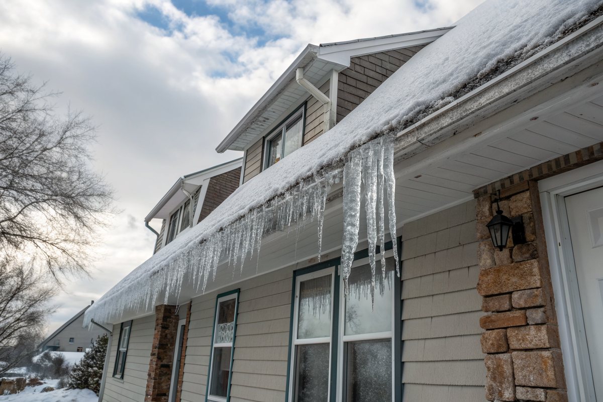 Thick icicles hanging from an ice-crusted gutter below a snowy shingle roof