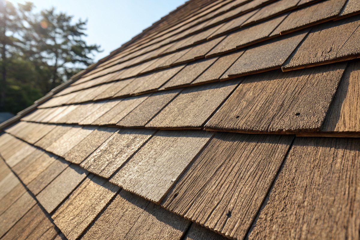 Close view of thick textured brown architectural shingles in bright sun