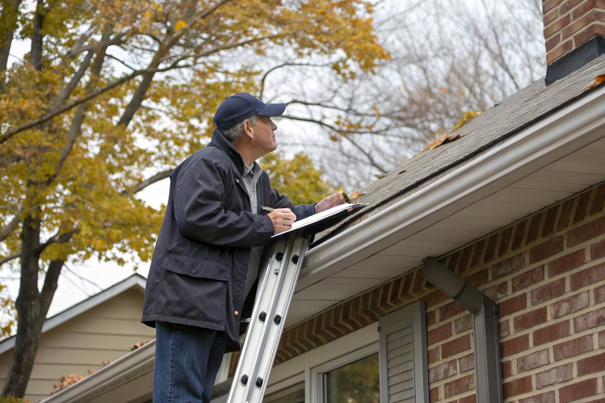 A man on a ladder with a clipboard looking over the roof edge and gutter of a brick home