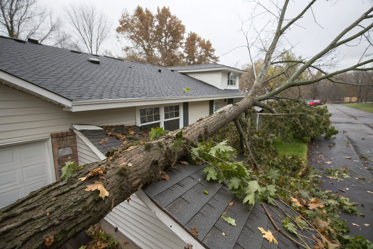 A large broken tree limb lying across the shingle roof of a two-story house after a windstorm