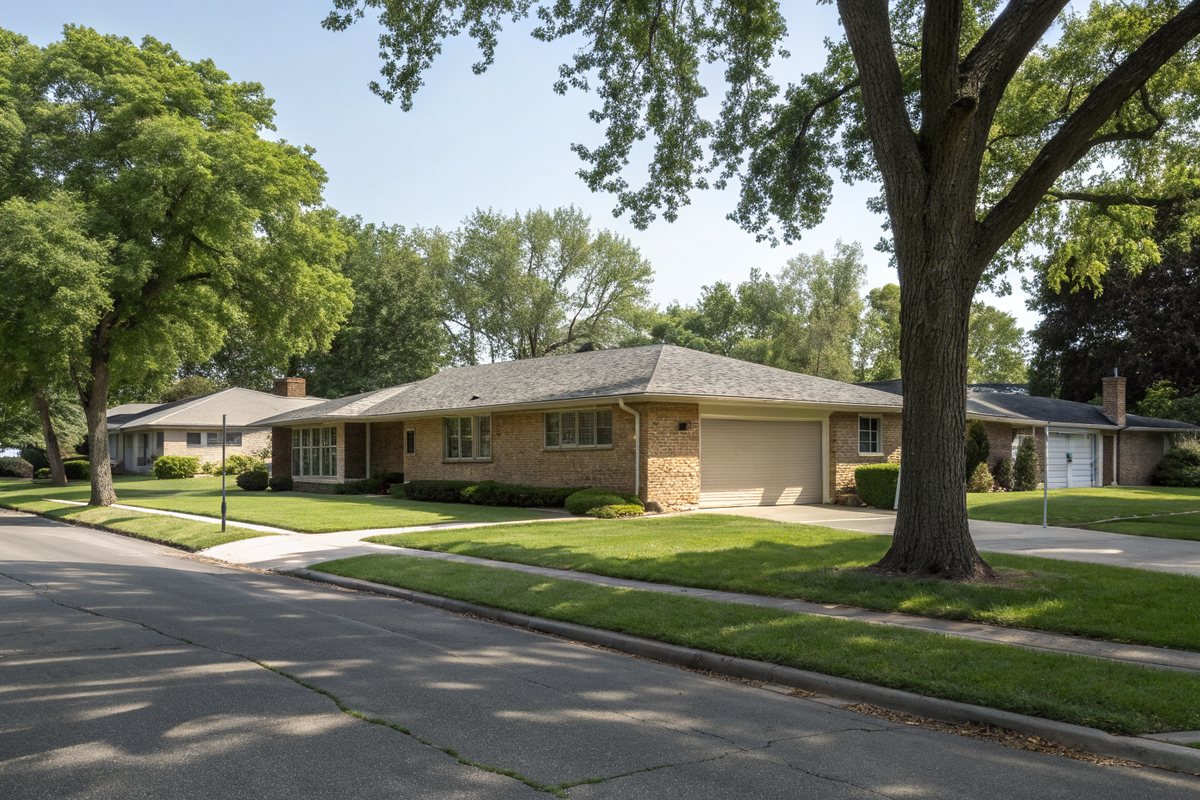 A tan brick one-story ranch house with a long low gray shingle roof on a quiet street