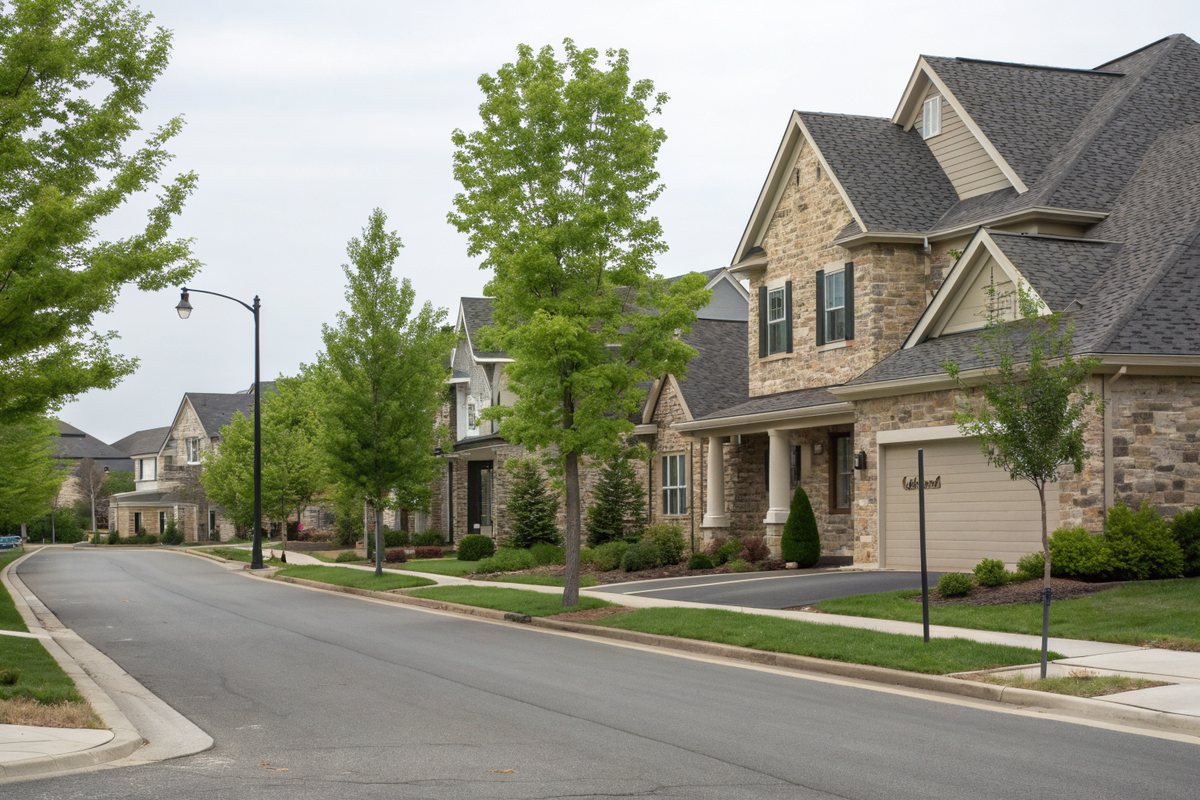 A street of newer two-story homes with stone accents and charcoal shingle roofs