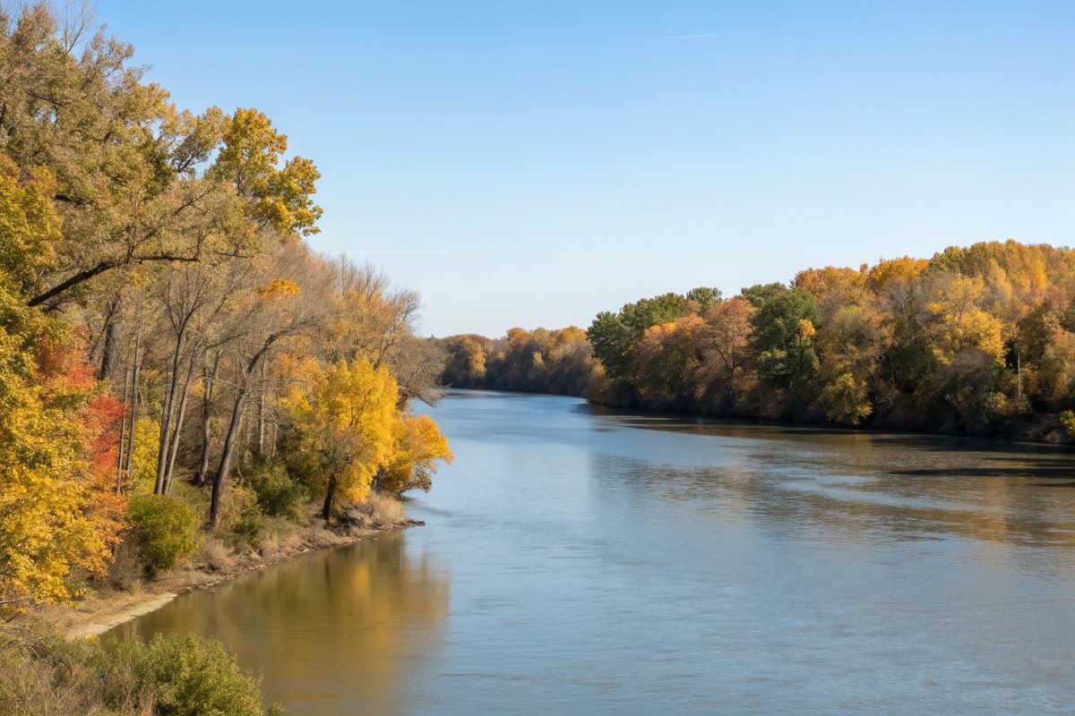 A wide calm river lined with trees in autumn color under a blue sky