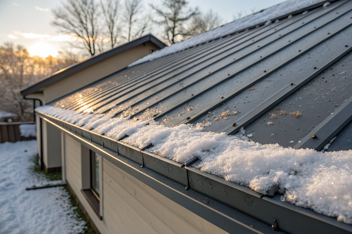 Charcoal standing-seam metal roof panels with snow along the edge