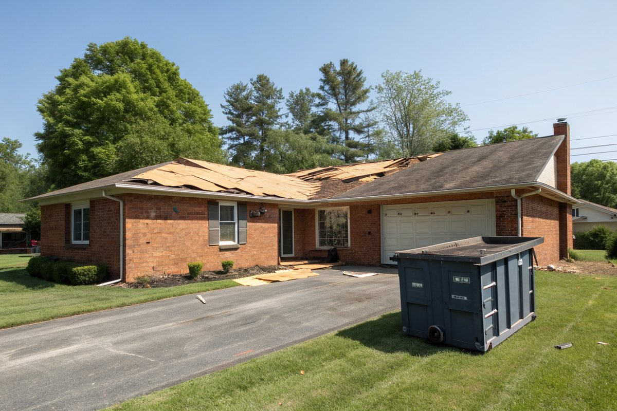 A brick ranch house with part of its roof torn off to the decking and a dumpster in the driveway