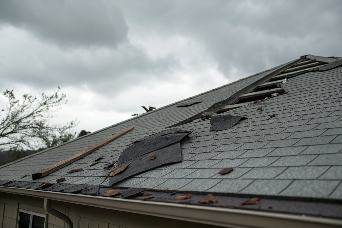 Torn and lifted shingles near the ridge of a gray roof under a cloudy sky